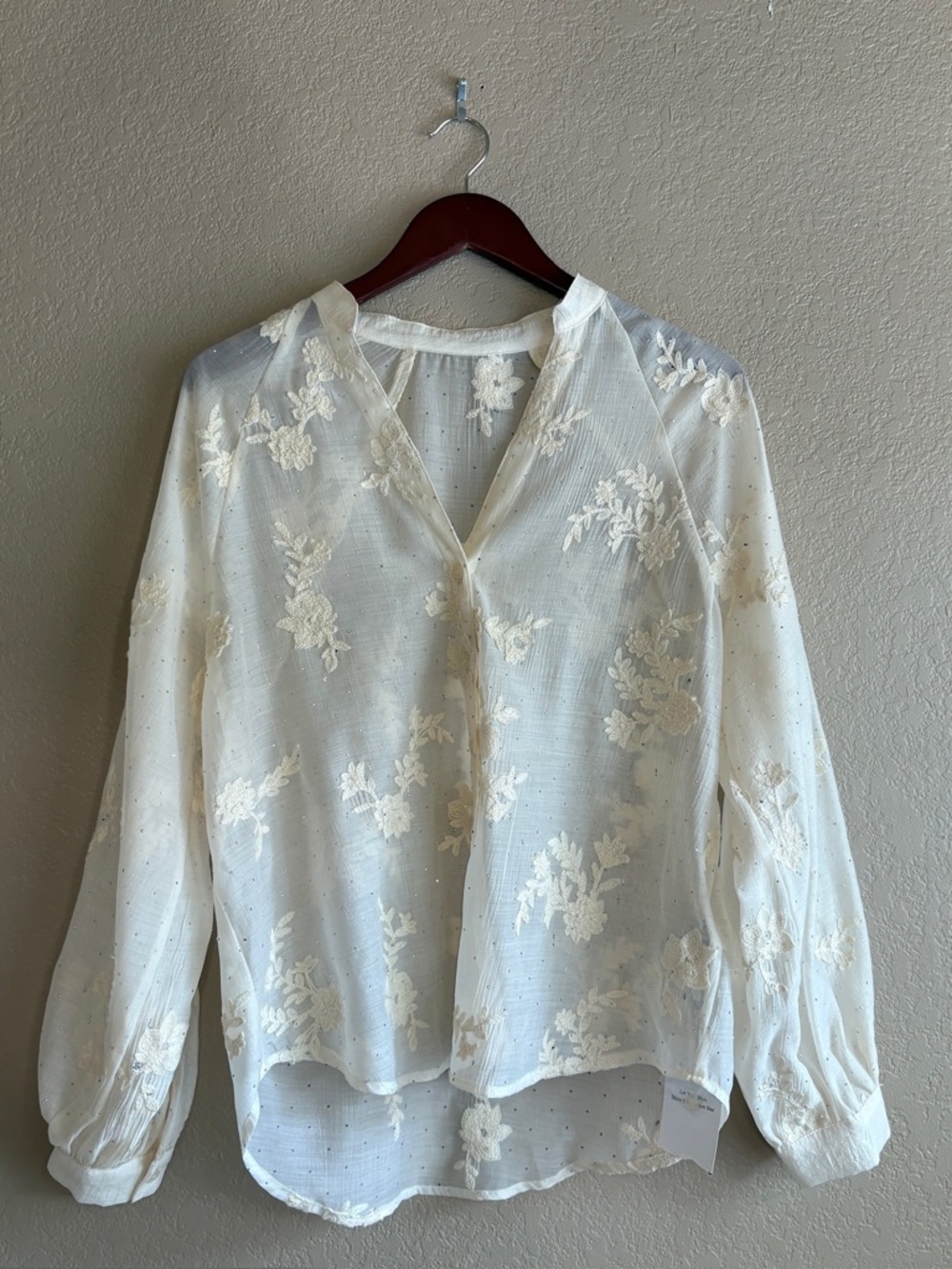Ivory Embroidered Sheer Floral Blouse Rhinestone Mesh Top Size M